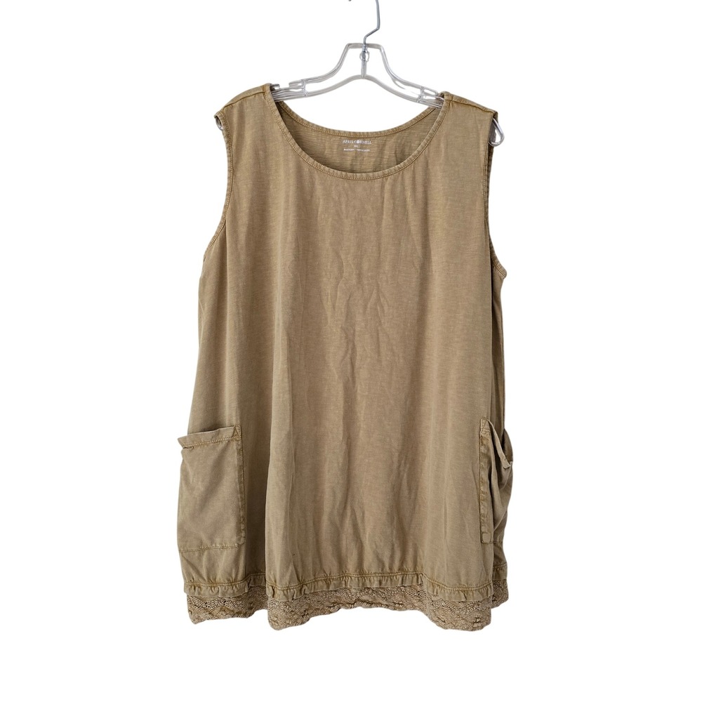 April Cornell Womens XXL Tan Khaki Slub Knit Lace Trim Pocket Tunic Tank Top